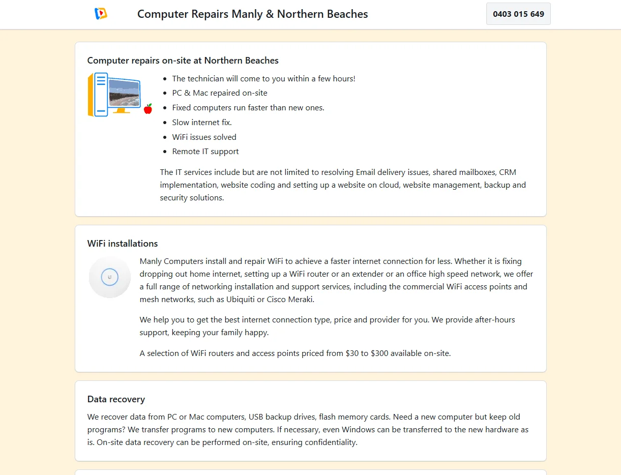 Screenshot of the Manly Computers homepage